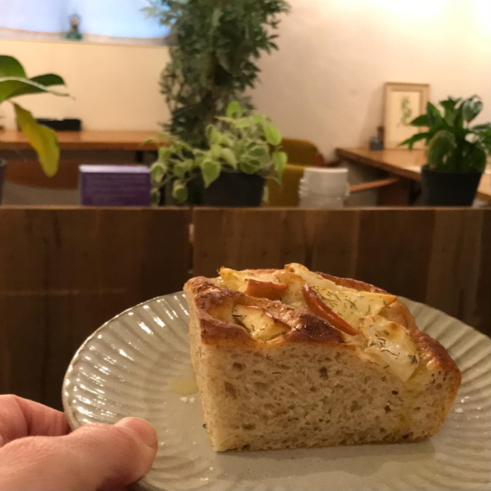 今週のフォカッチャはフェンネルとりんごとカブライ麦粉を加えて焼きました焼きたてに少々のお塩とオリーブオイルをかけて甘酸っしょっぱい味を楽しめます今週もよろしくお願い致します