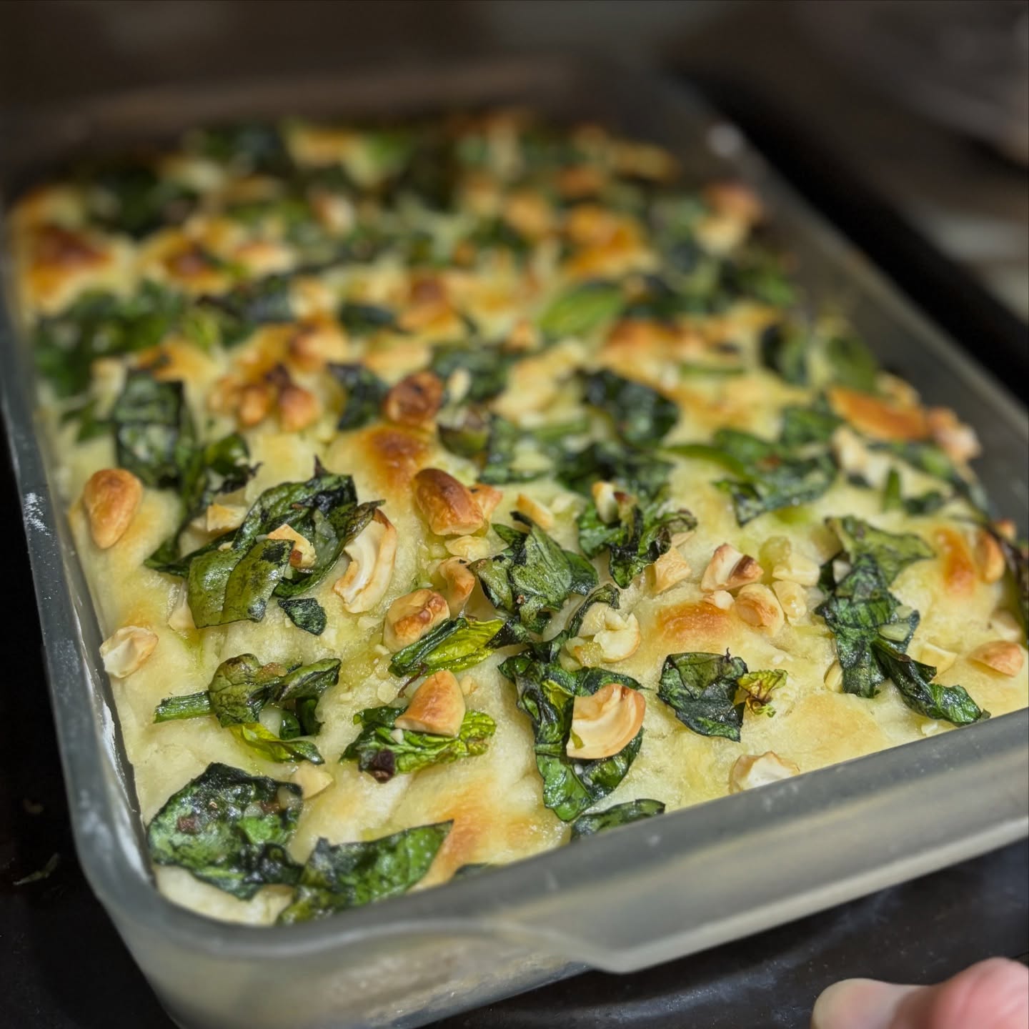 今週のフォカッチャはカリッとニンニクをきかせたちぢみほうれん草とナッツ冬の有機野菜の定番でビタミンやミネラルが豊富焼き上がりはいつも美味しそうこちらはテイクアウトできます